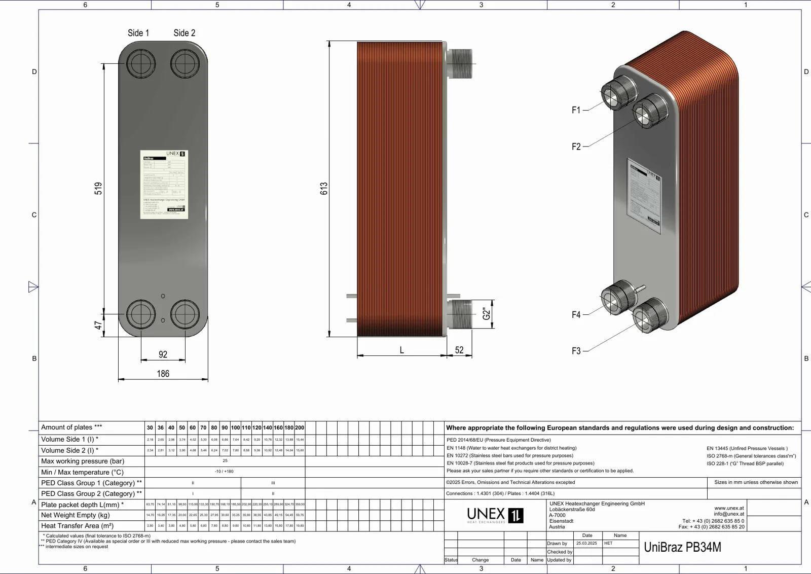 Technische tekening met maatvoering van UNEX PB34M-70