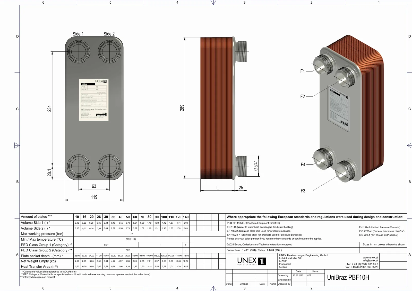 Technische Zeichnung mit den Maßen von UNEX PBF10H-110