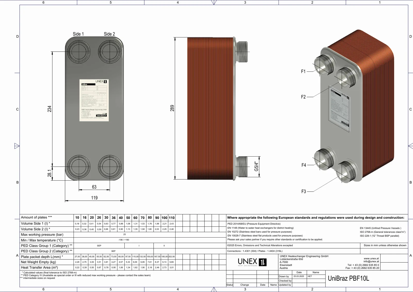 Technische tekening met maatvoering van UNEX PBF10L-40