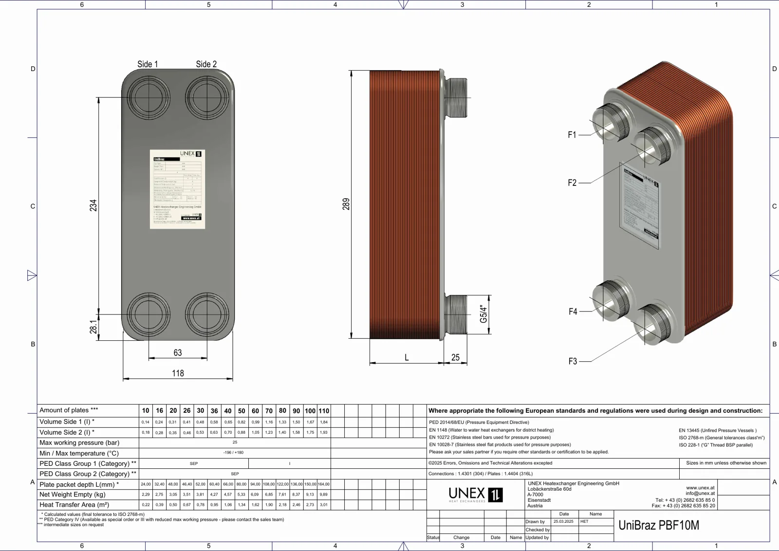 Technische tekening met maatvoering van UNEX PBF10M-90