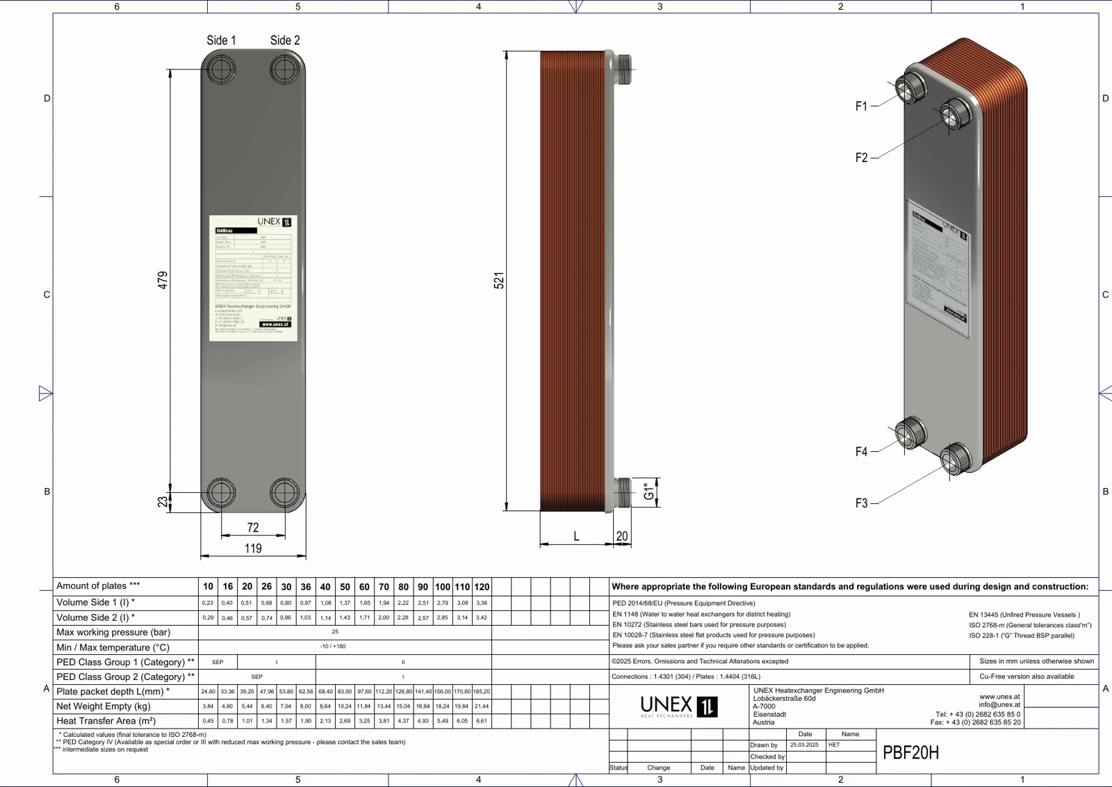 Technische tekening met maatvoering van UNEX PBF20H-50