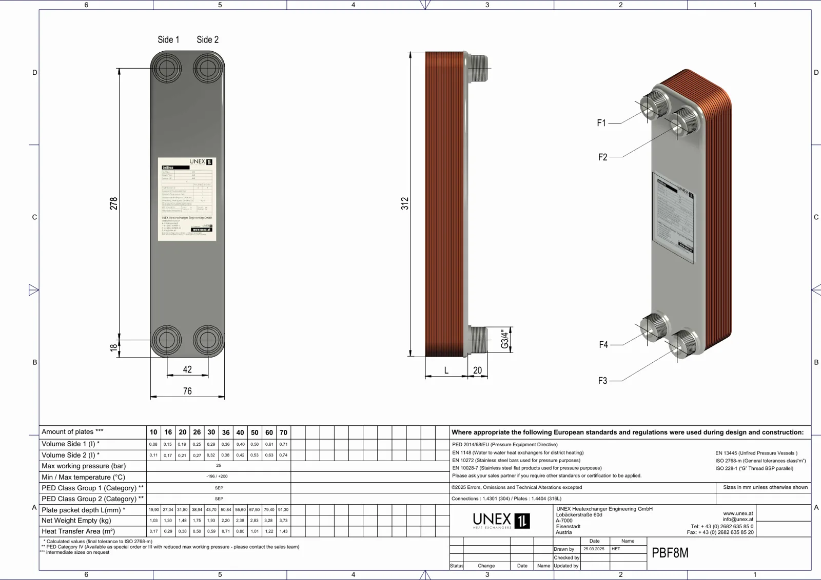 Technical drawing with the dimensions of UNEX PBF8M-16