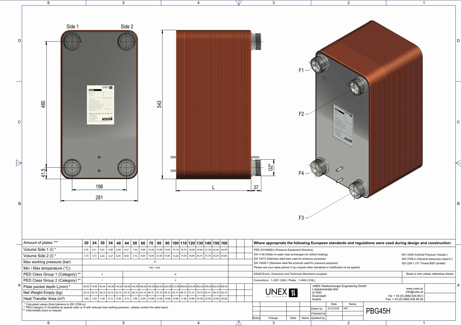 Technical drawing with the dimensions of UNEX PBG45H-50