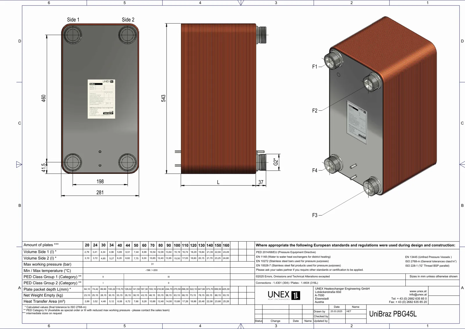 Technische tekening met maatvoering van UNEX PBG45L-70