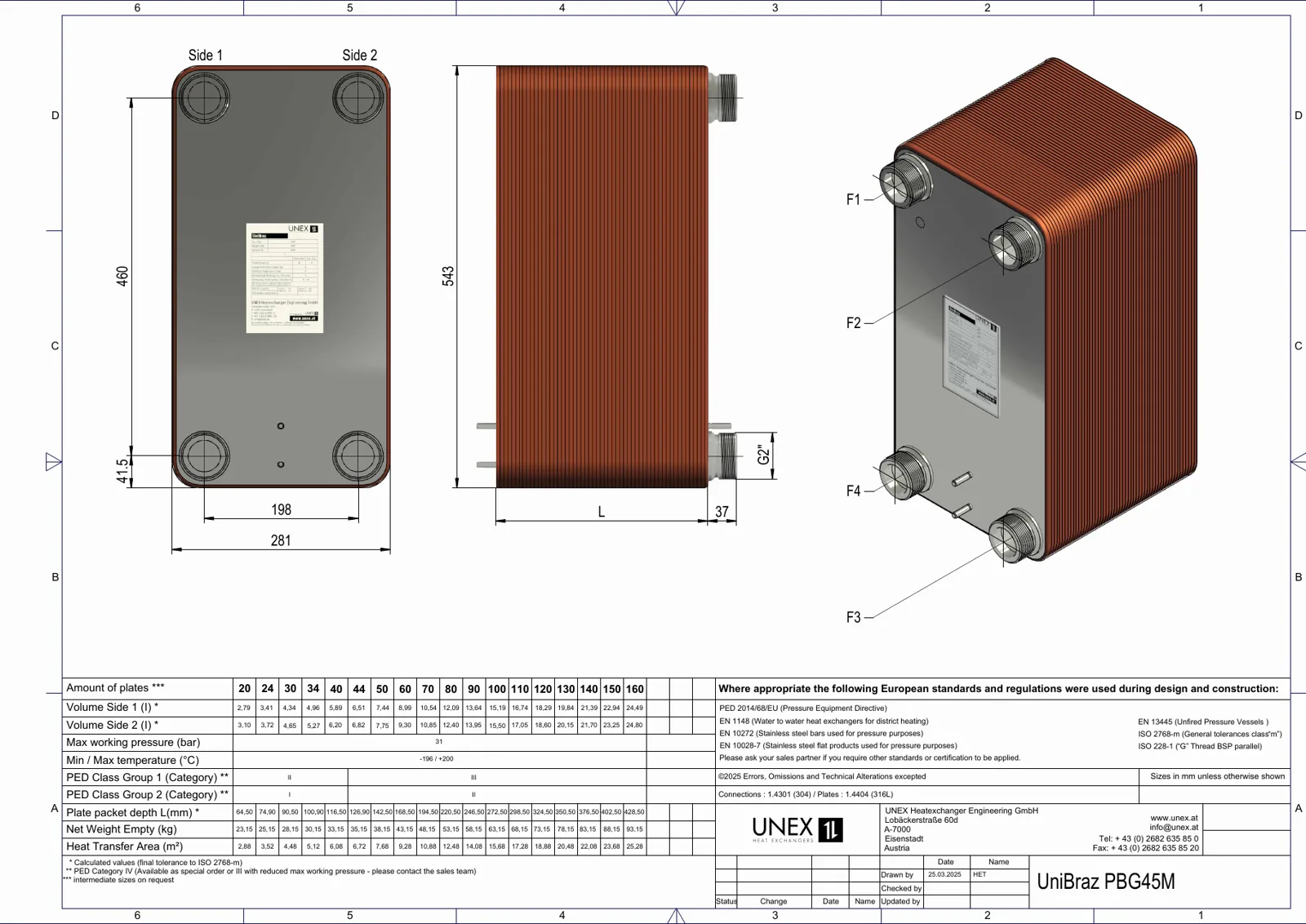 Technische tekening met maatvoering van UNEX PBG45M-110