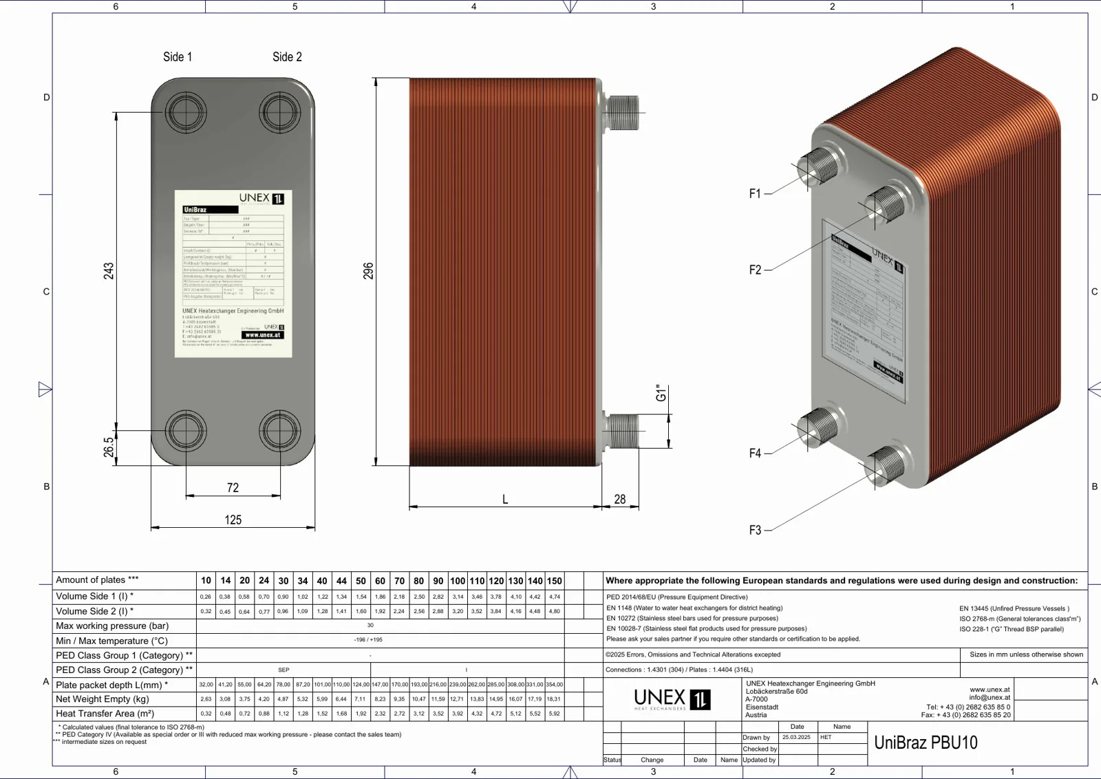 Technische tekening met maatvoering van UNEX PBU10-50
