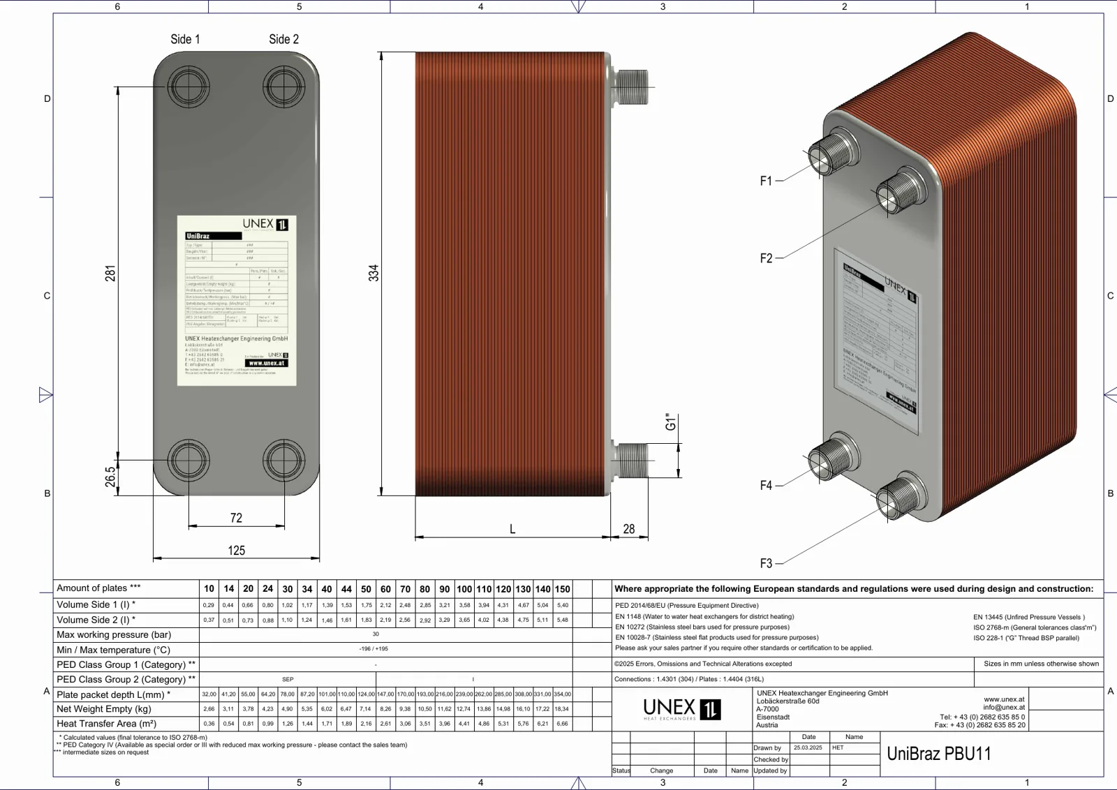 Technical drawing with the dimensions of UNEX PBU11-40