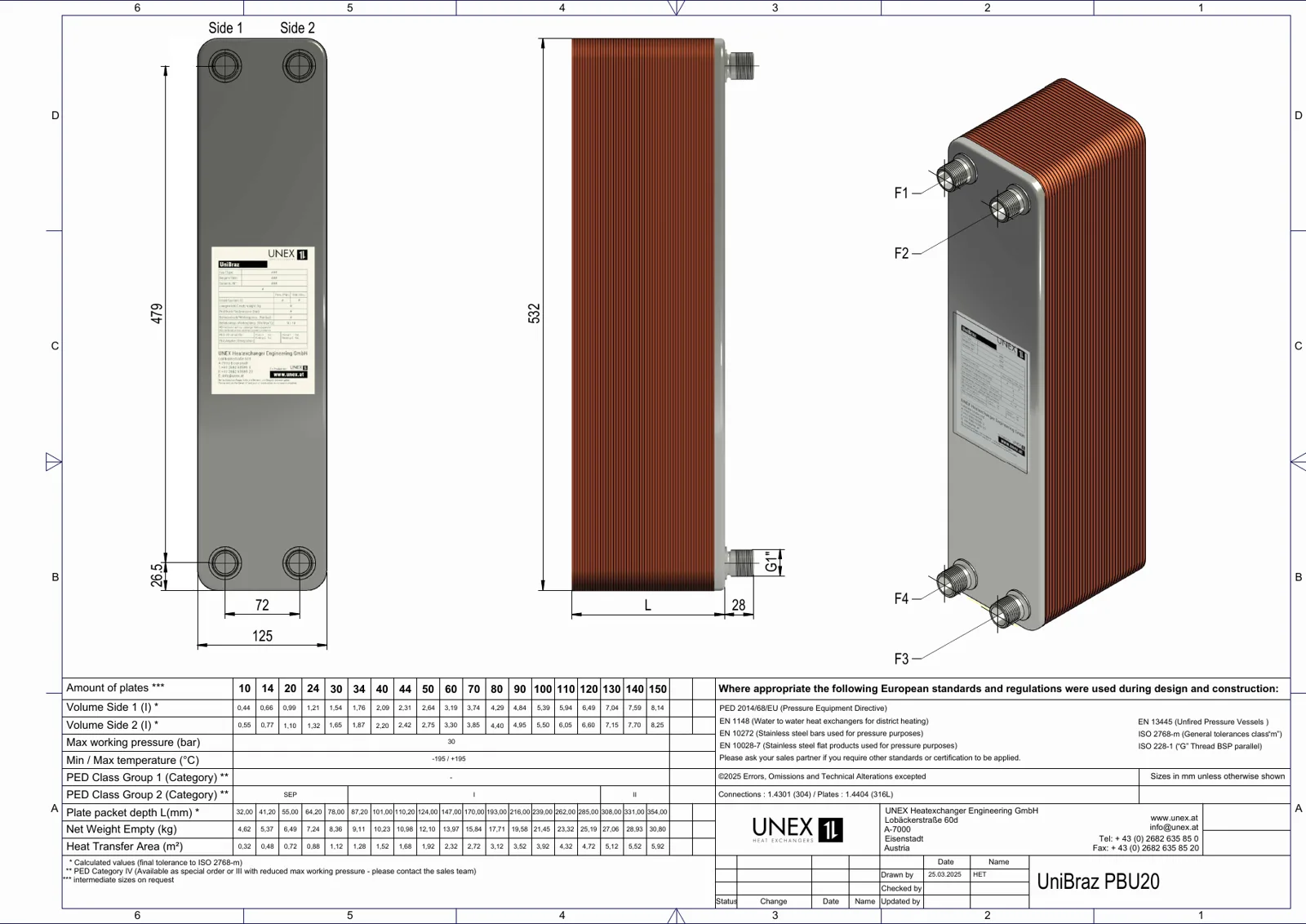 Technical drawing with the dimensions of UNEX PBU20-20