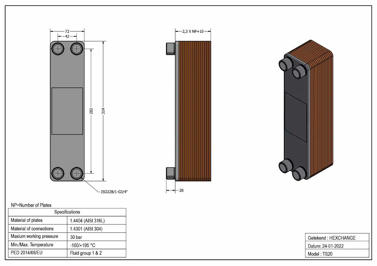 Technical drawing with the dimensions of TS20-24