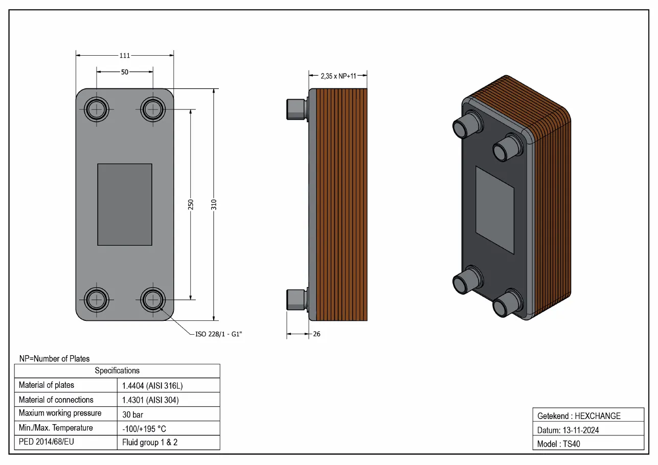 Technische tekening met maatvoering van TS40-50H