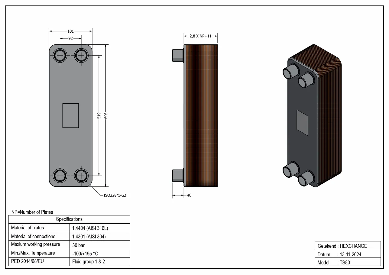 Technische tekening met maatvoering van TS80-60 SAE